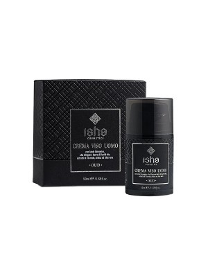 Isha Cosmetics Crema Viso Uomo con Acido Ialuronico ed Olio d'Argan - Profumo Oud